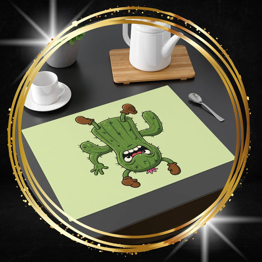 Cactus placemat with a cartoon cactus shocked upside-down design on a dining table with cups and a teapot.
