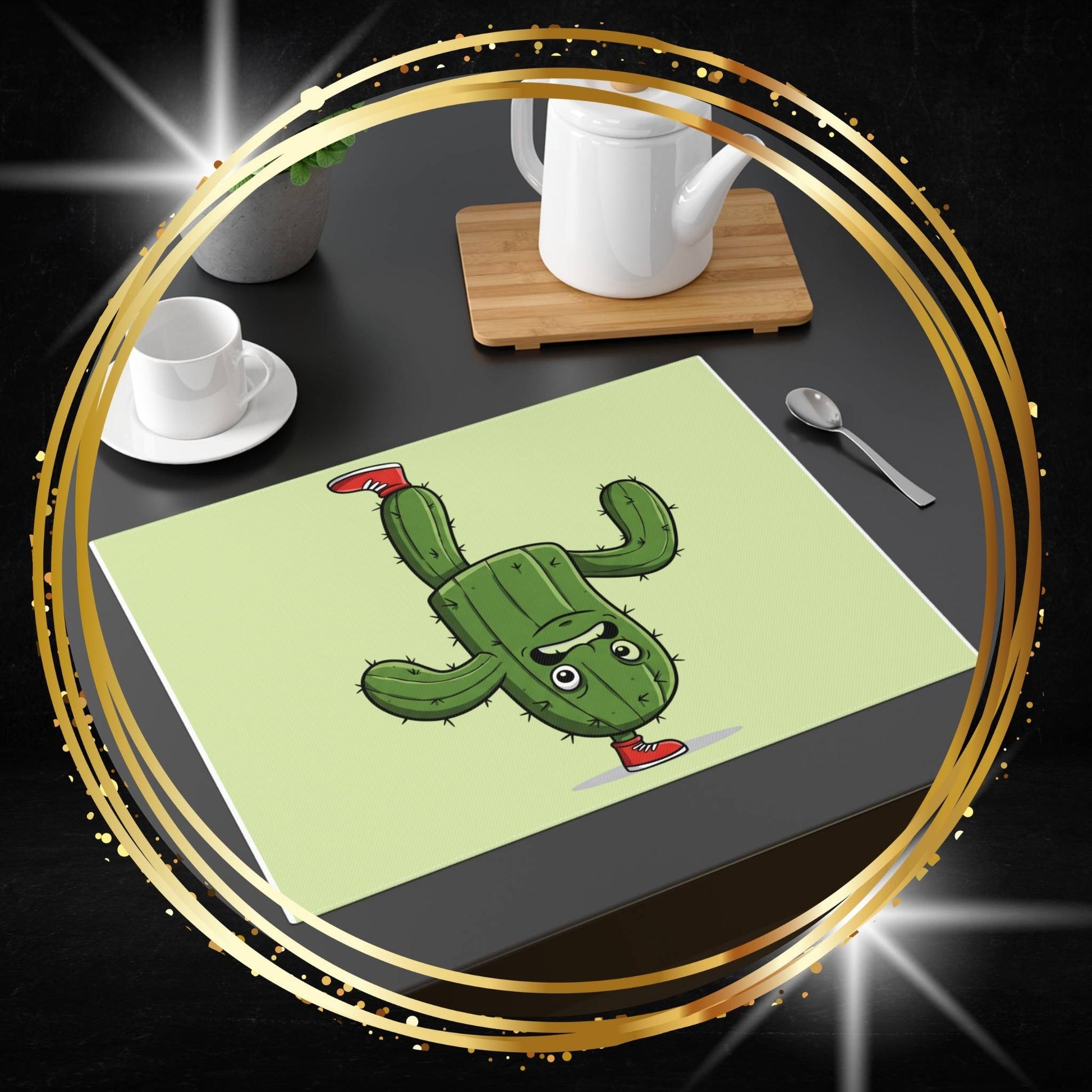 Cactus placemat with a cartoon cactus upside-down on a foot odesign on a dining table with cups and a teapot