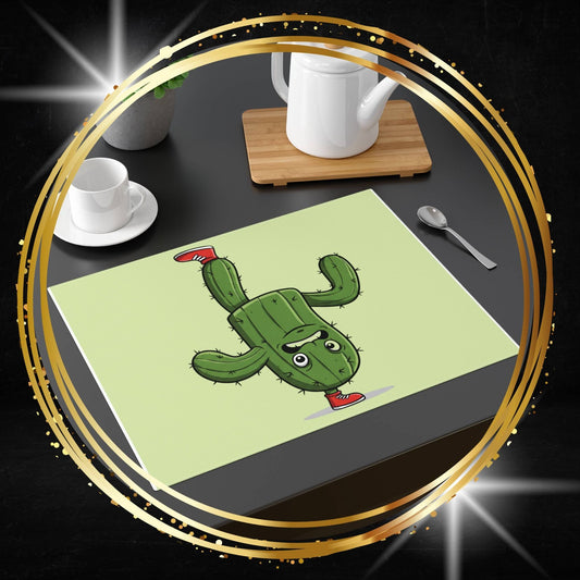 Cactus placemat with a cartoon cactus upside-down on a foot odesign on a dining table with cups and a teapot