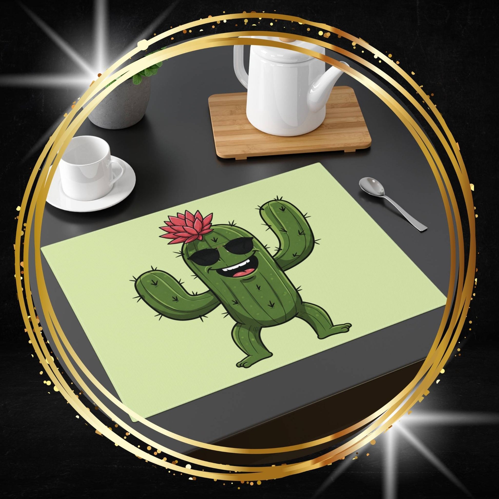 Cactus placemat with a cartoon cactus with sunglasses design on a table with cups and a teapot.