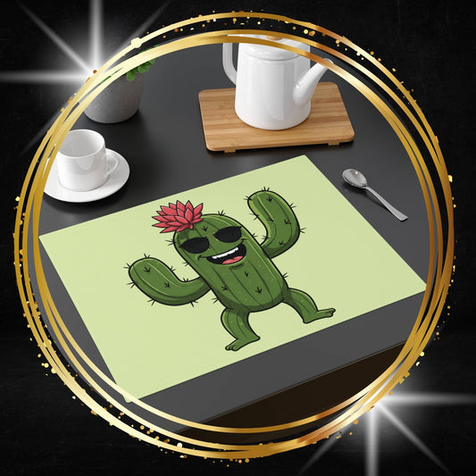 Cactus placemat with a cartoon cactus with sunglasses design on a table with cups and a teapot.