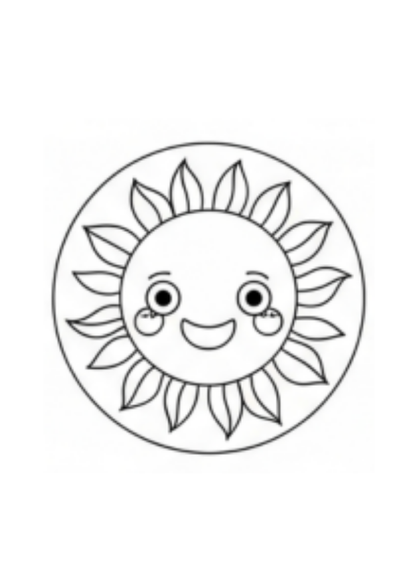 Cartoon sun with a face inside a circle, kawaii to color for kids 5-8 years age