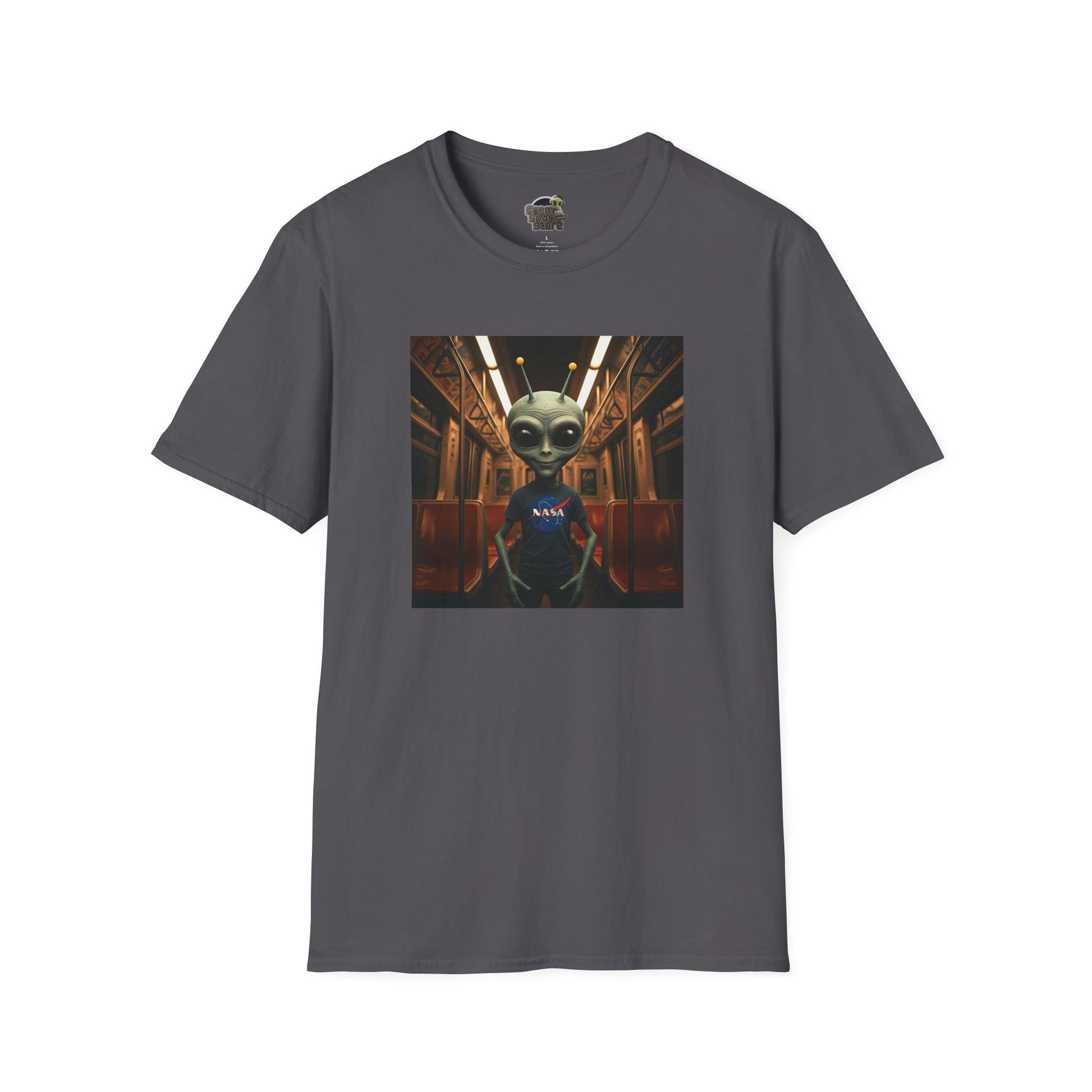 charcoal Unisex alien in subway T-shirt: funny and modern graphic tee