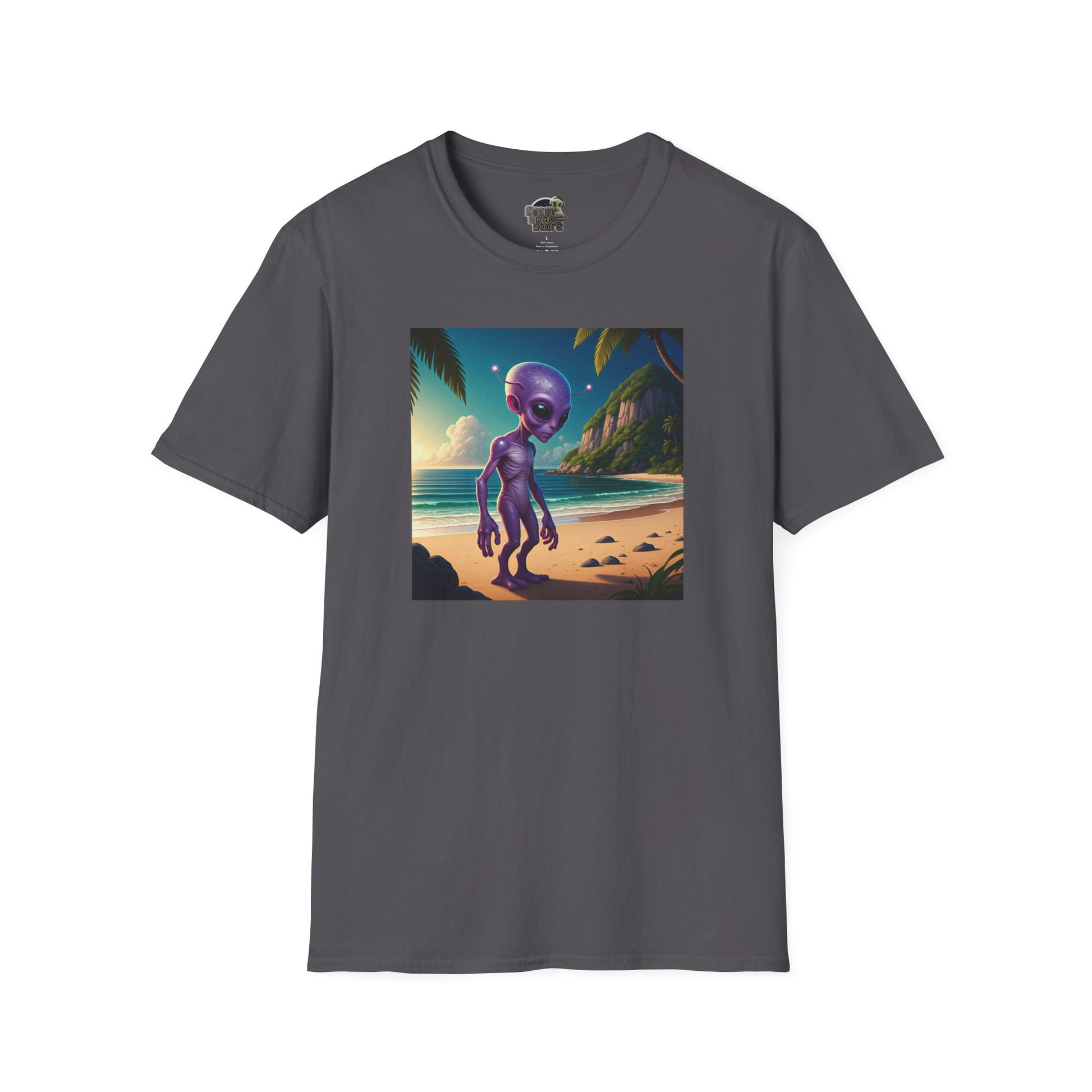 Alien at beach on a charcoal unisex t-shirt graphic