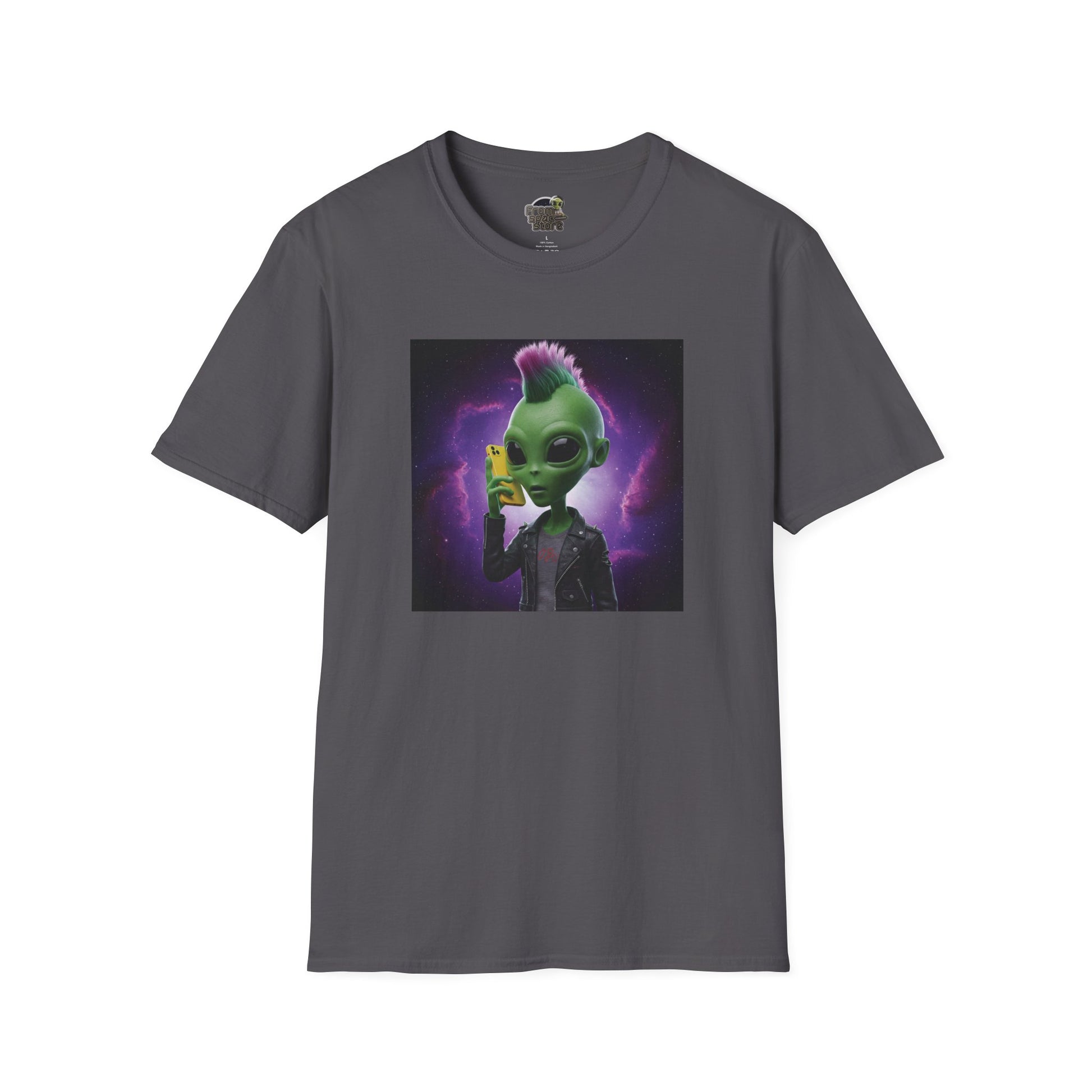 Charcoal Unisex alien punk t-shirt with mobile phone