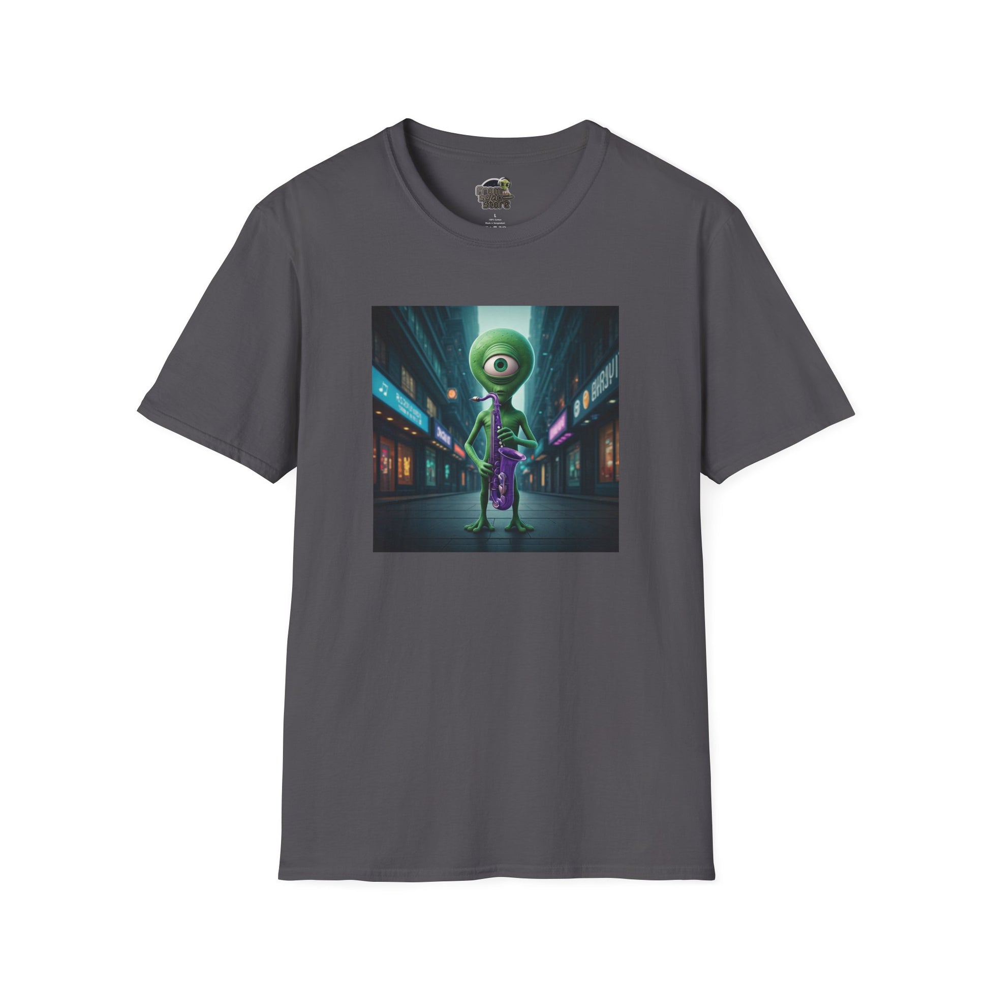 Charcoal Unisex t-shirt alien playing saxophone in city night