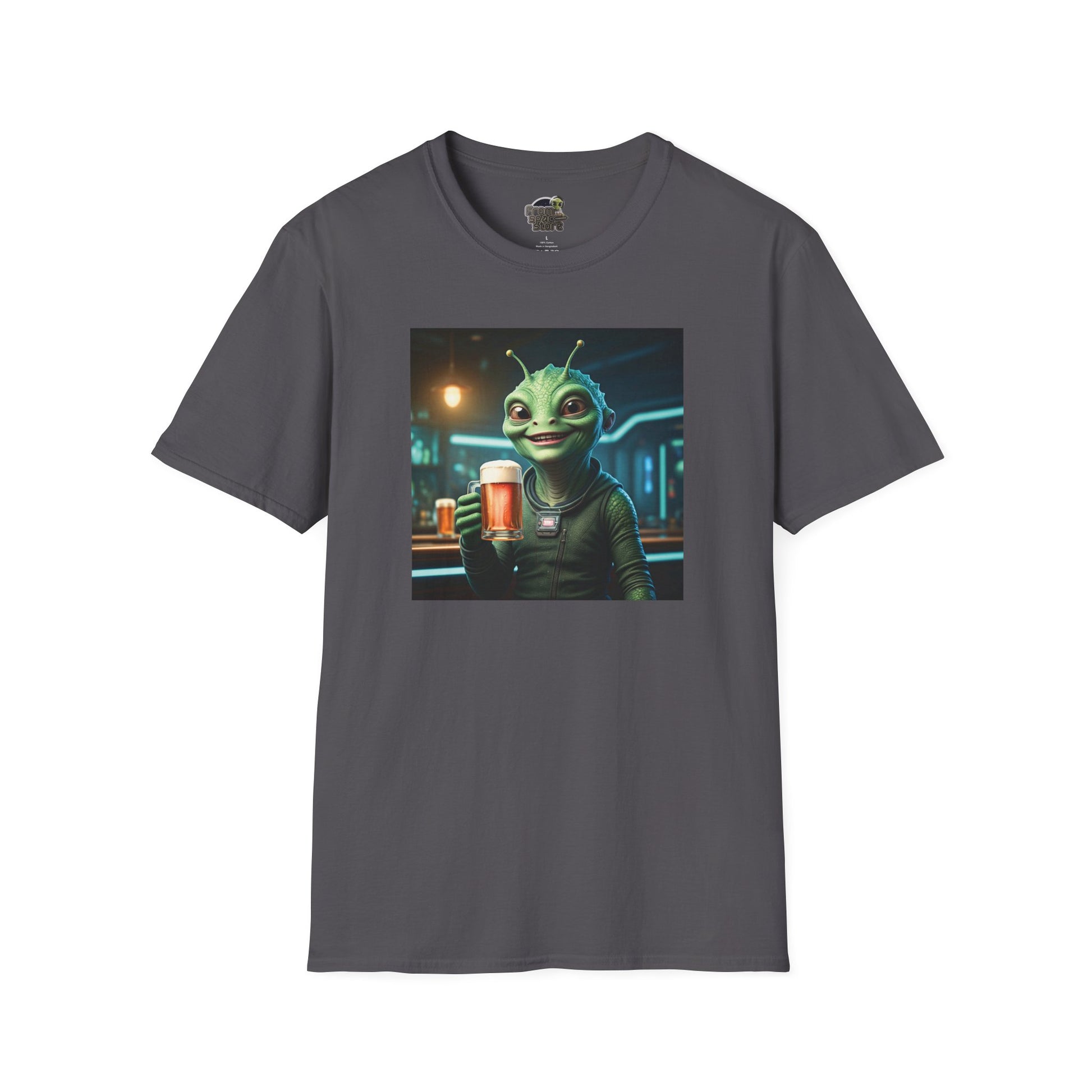 Charcoal Unisex alien woman t-shirt with Beer at the pub