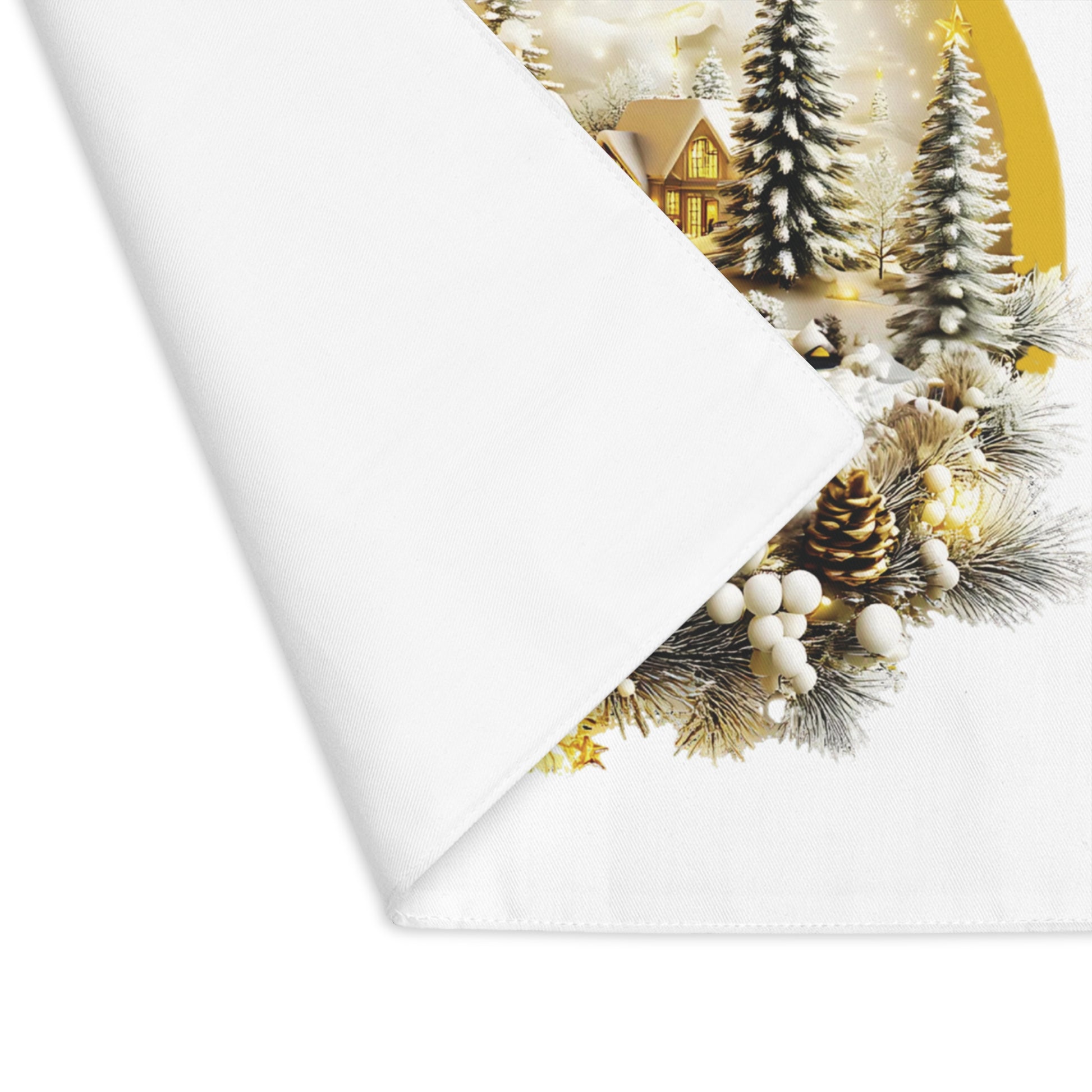 Christmas Glam placemat on a dark countertop with white teapot and teacup. Elegant US holiday table linen for a high-end Christmas dinner.