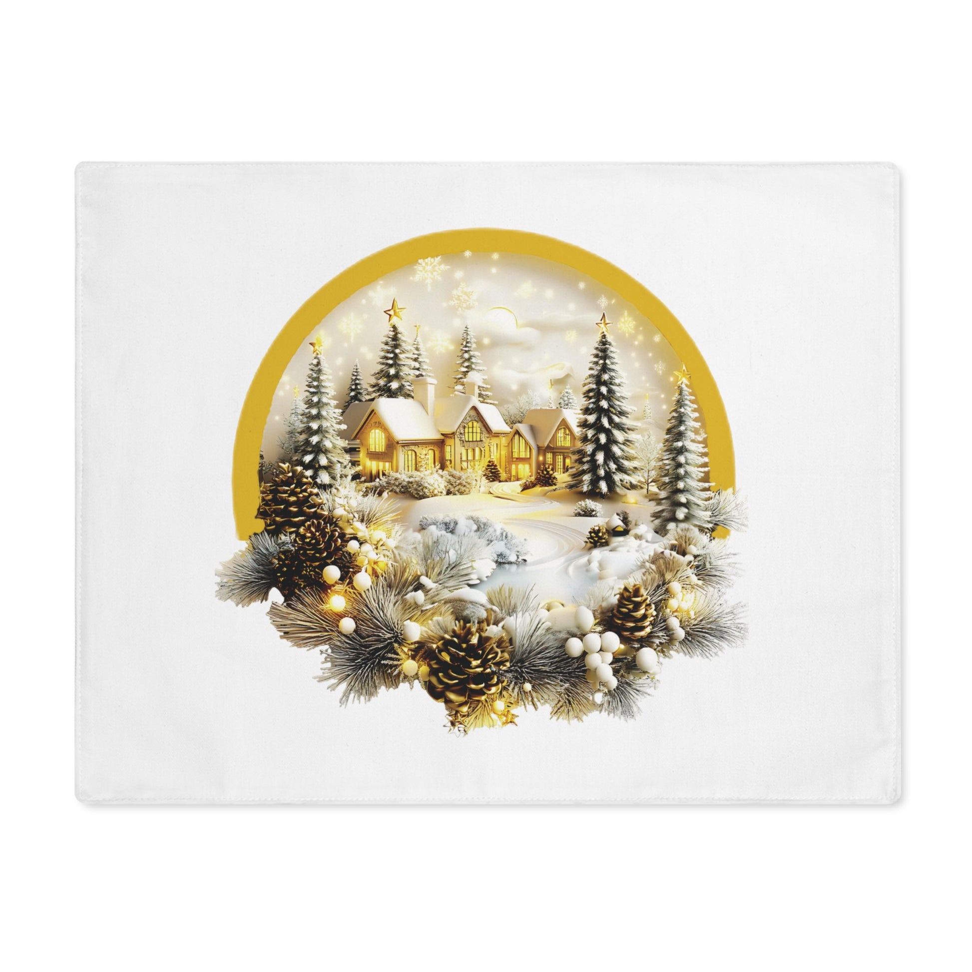 Close-up of sophisticated gold winter village Christmas placemat. Perfect accent piece for a Hampton or Aspen Chalet holiday vibe.