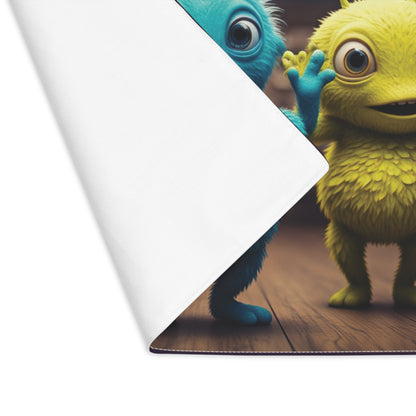 Two colorful cartoon monsters on a wooden floor with a white surface.