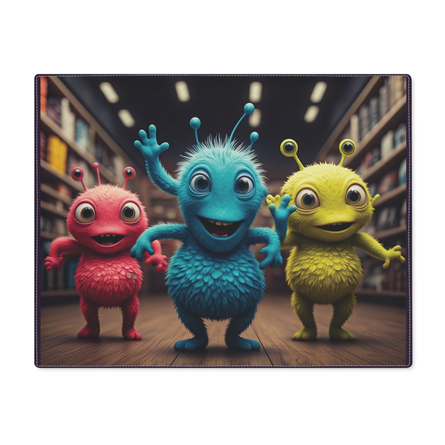 Three colorful alien characters in a library setting