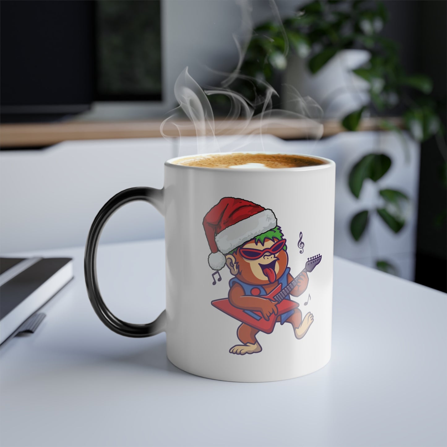 Cool Gorilla Magic Mug with Sunglasses and Santa Hat. Heat-sensitive coffee cup, perfect unique US Christmas gift for him or street style lovers.