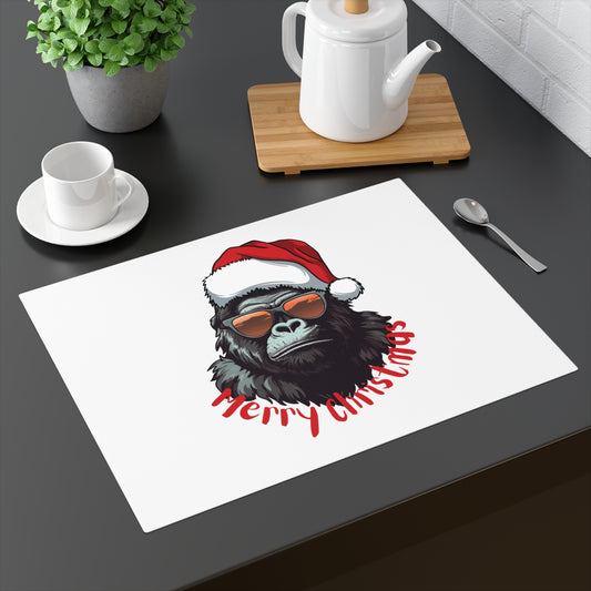 Funny Christmas placemat on a modern kitchen table featuring a cool gorilla with sunglasses and Santa hat with Merry Christmas text for festive dining decor.