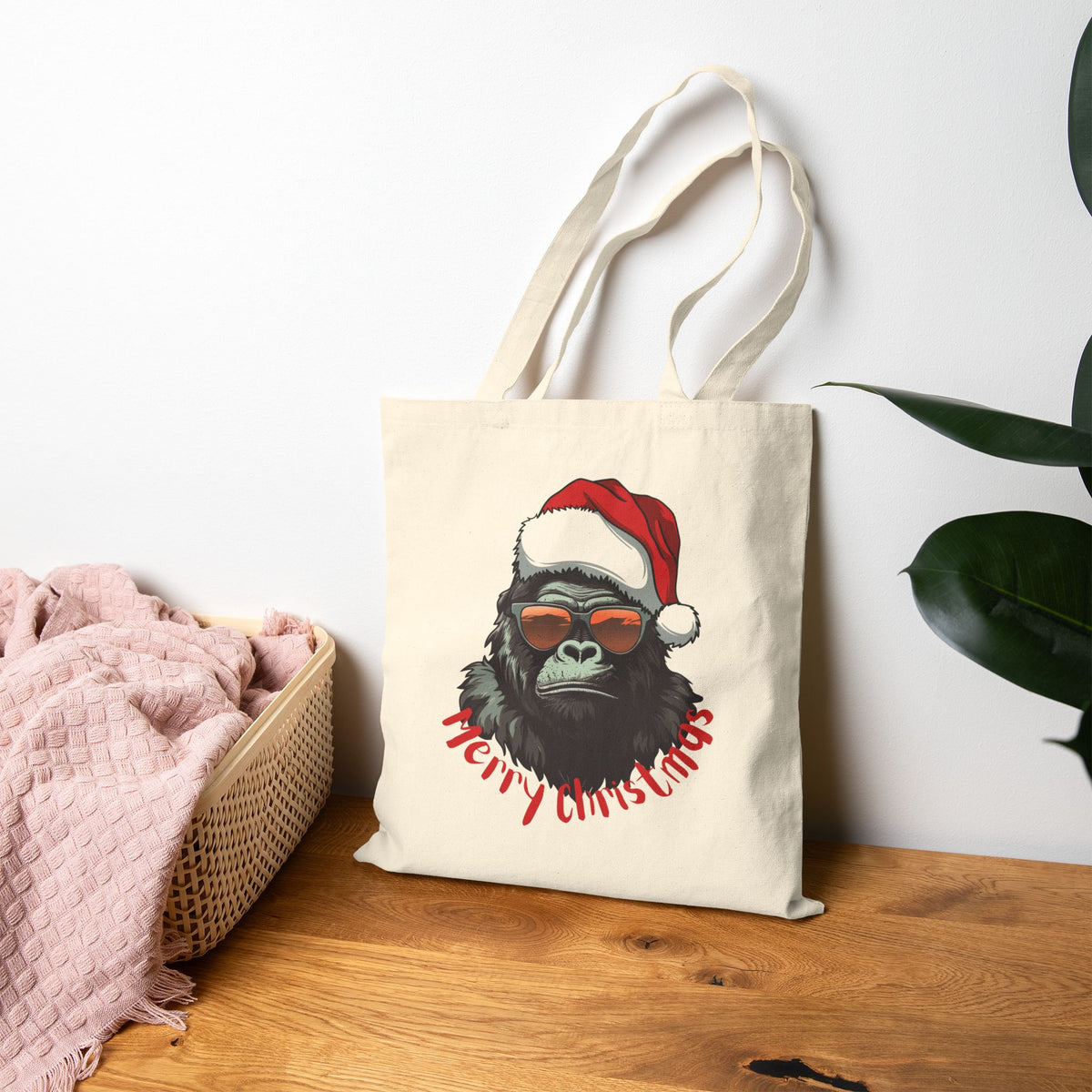Cool santa gorilla with sunglasses canvas tote bag featuring an edgy xmas gorilla illustration on natural cotton canvas