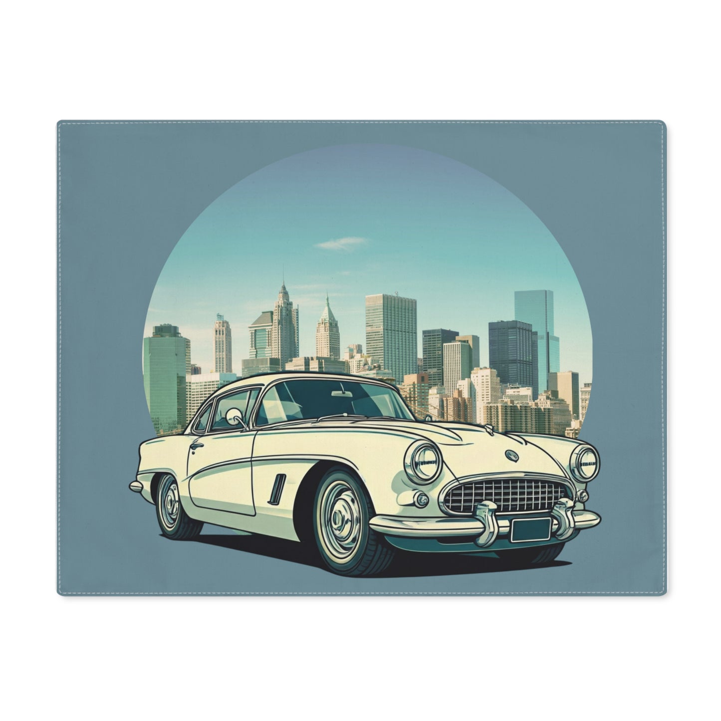 Vintage car Chevy Corvette in front of a city skyline on a placemat
