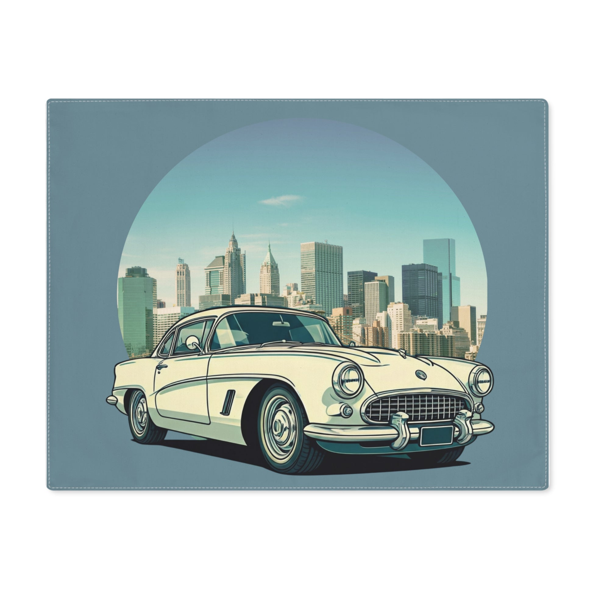 Vintage car Chevy Corvette in front of a city skyline on a placemat