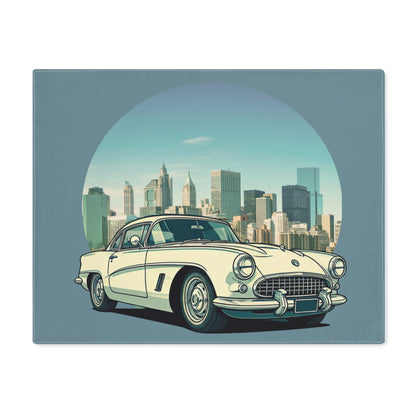 Vintage car Chevy Corvette in front of a city skyline on a placemat
