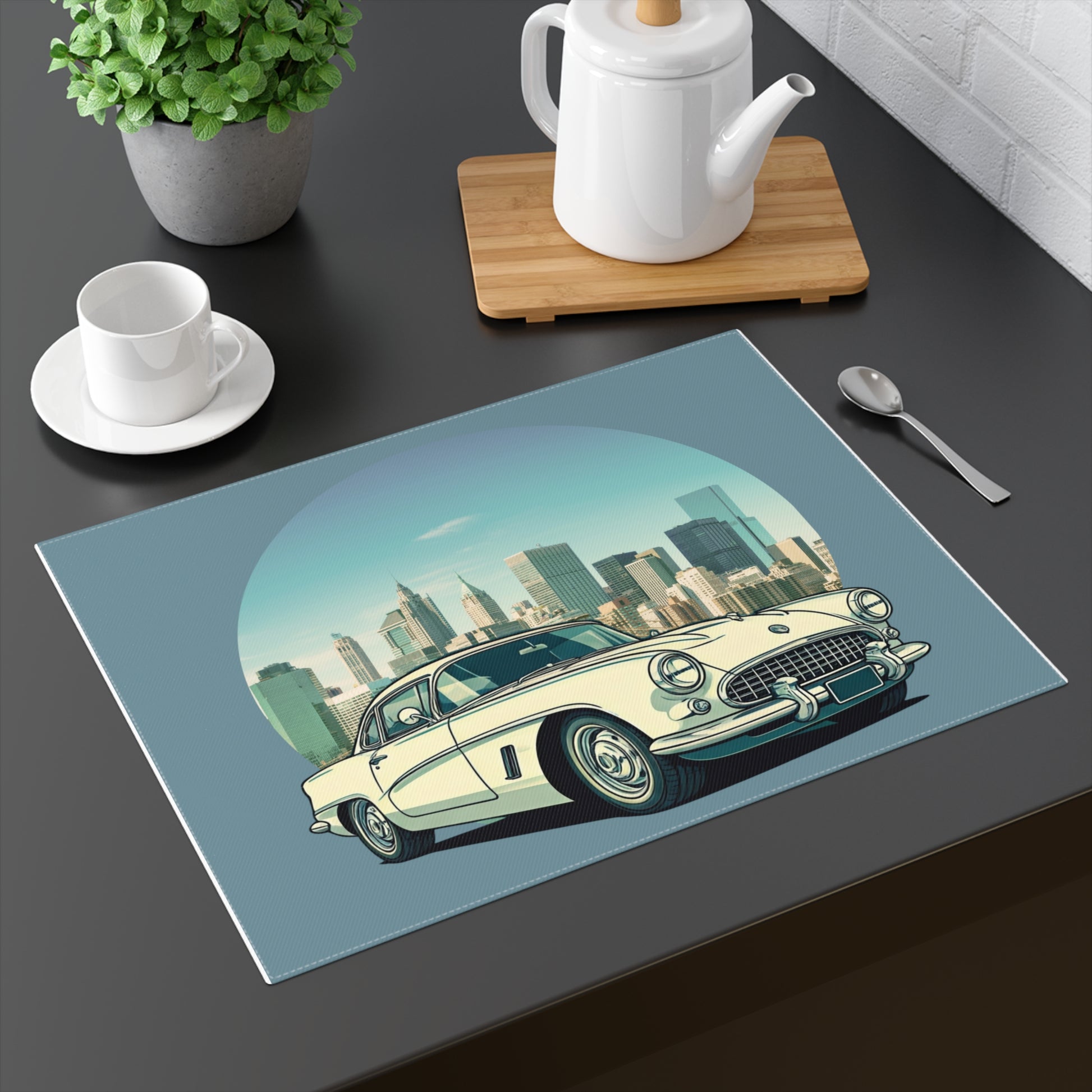 Retro-style Chevy Corvette table mat for car enthusiasts and modern kitchens.