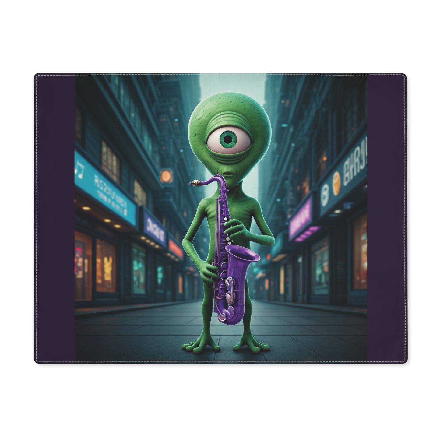 Green alien playing a saxophone on a city street at night