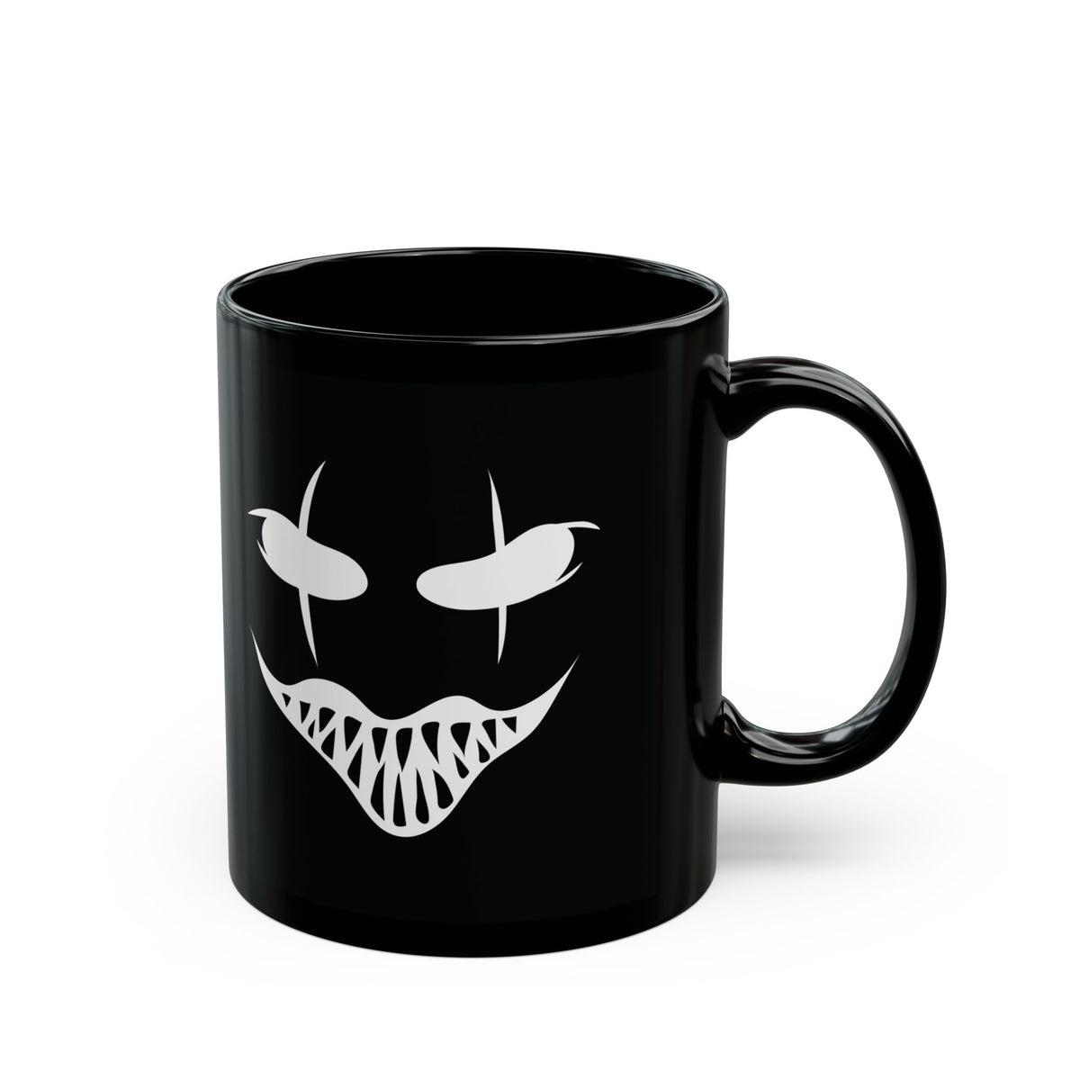 Side view of Creepy Grin black ceramic Halloween mug featuring custom edgy alternative graphics.