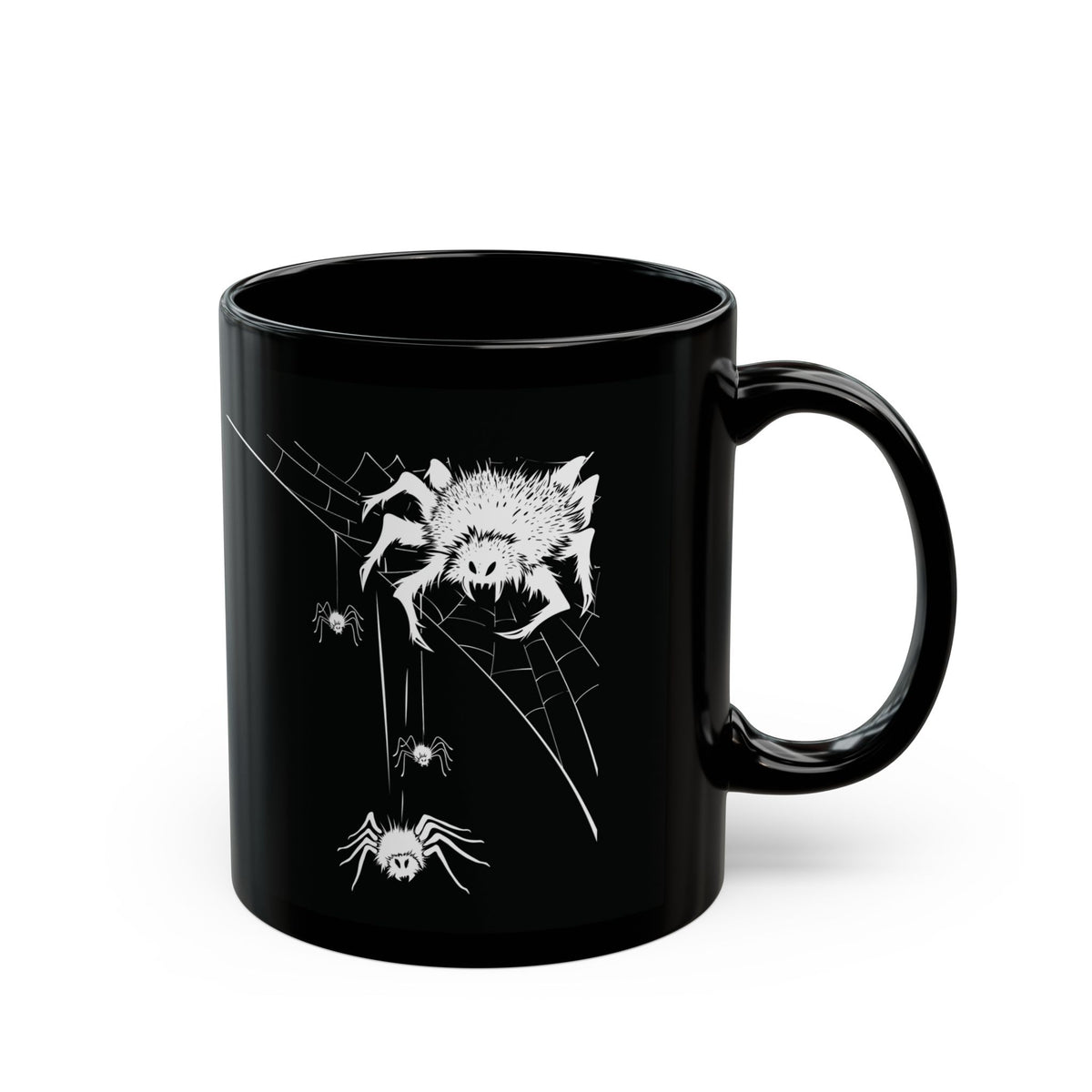 Side view of Creepy Spider Web black ceramic Halloween mug featuring custom gothic spider web graphics.
