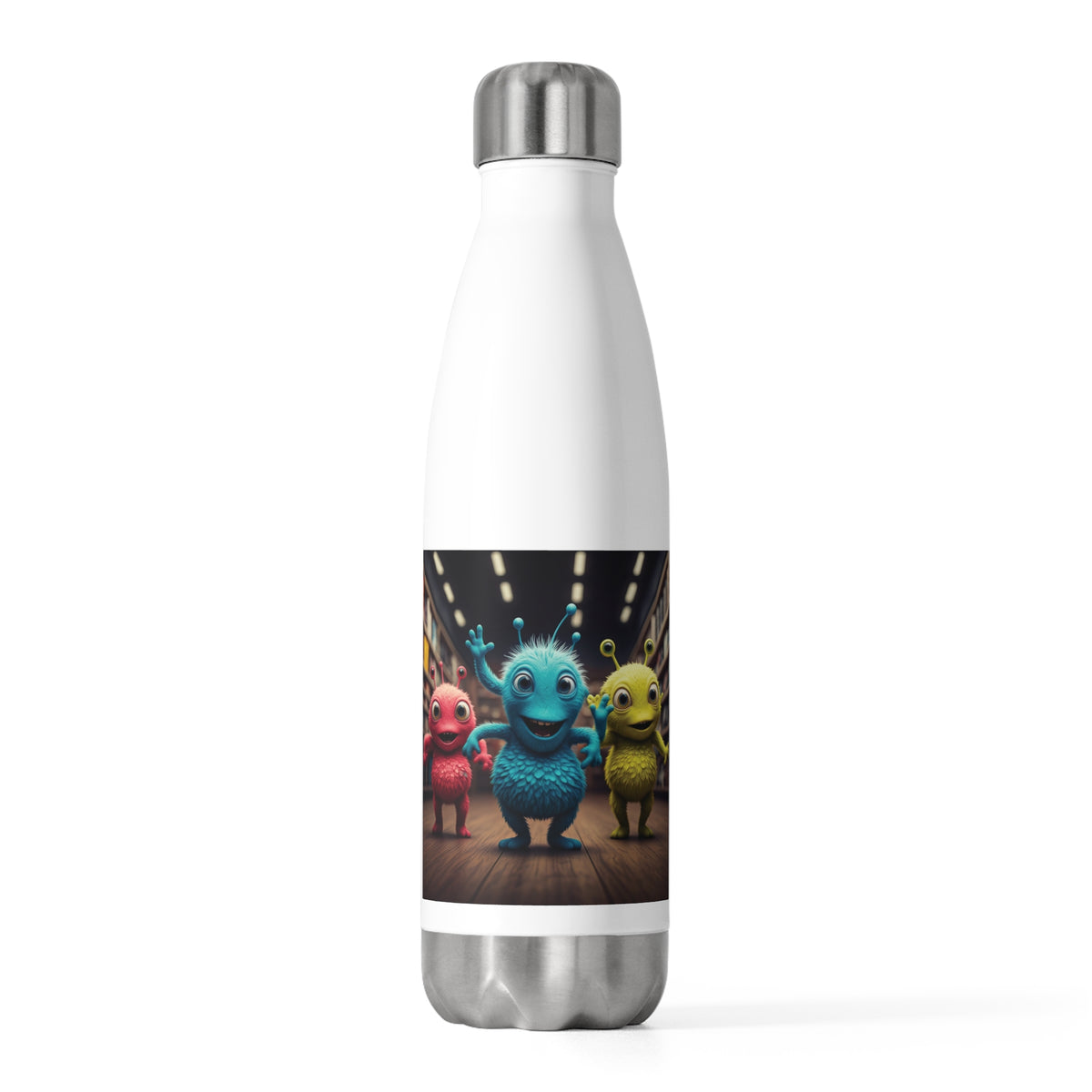 Front studio view of a white stainless steel water bottle displaying three cute fluffy alien creatures in blue, red, and yellow standing together.