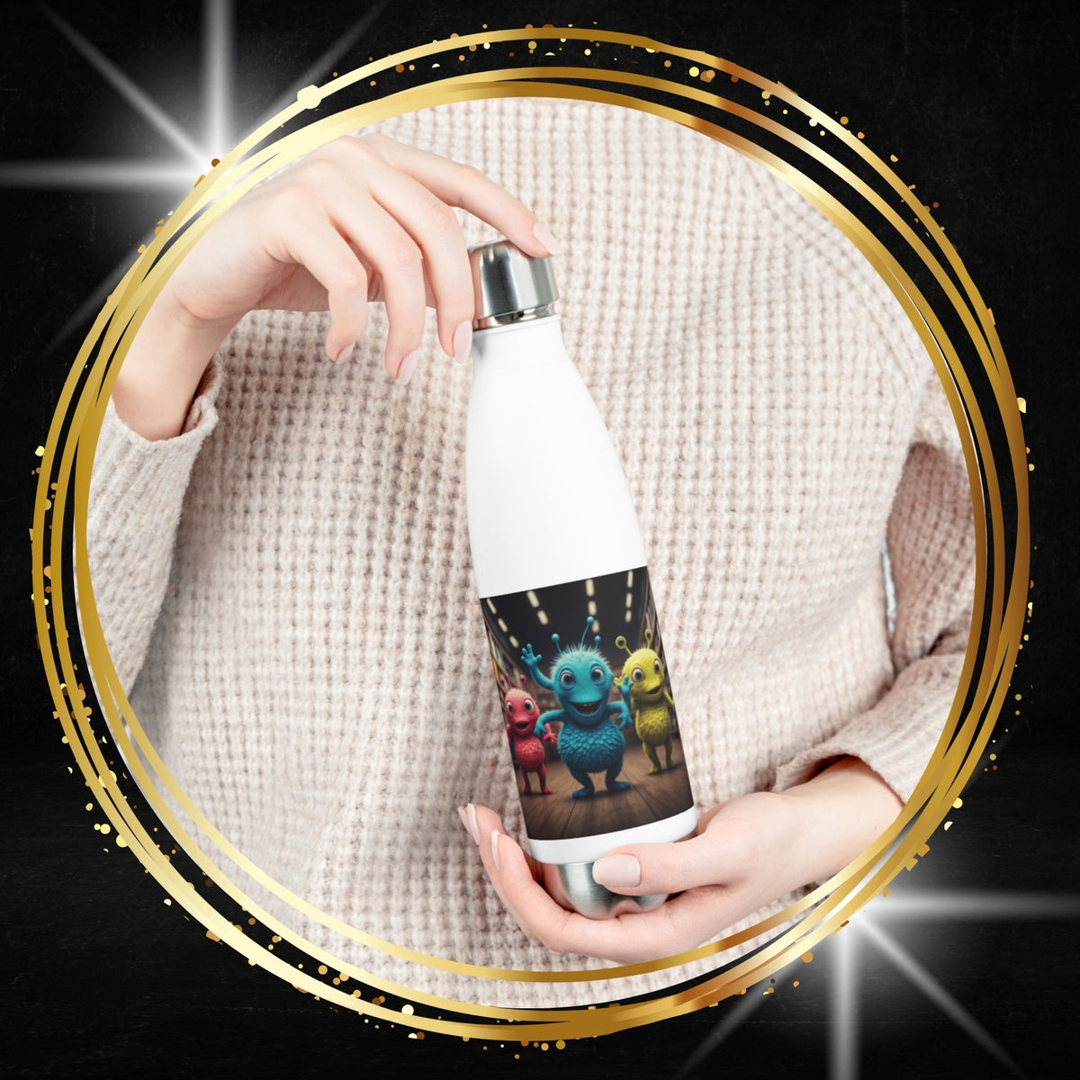 Woman holding a white insulated stainless steel water bottle featuring a group of colorful cute alien creatures standing together for sci-fi drinkware.