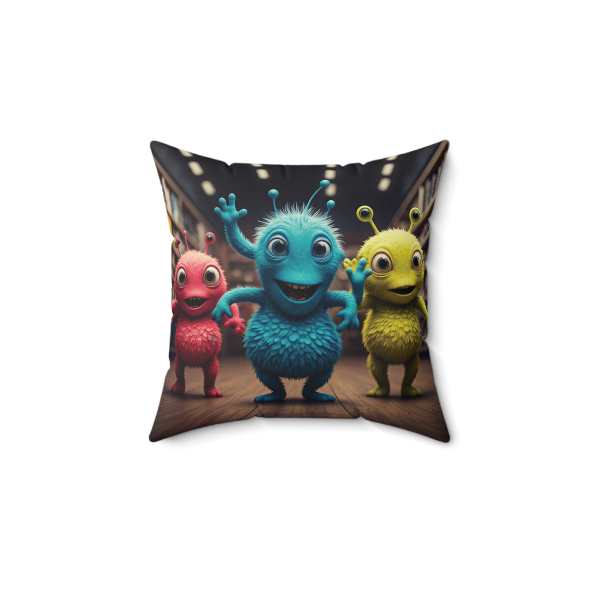 Square accent throw pillow featuring three fluffy blue red and yellow cute alien monsters for sci-fi bedroom and couch decor.