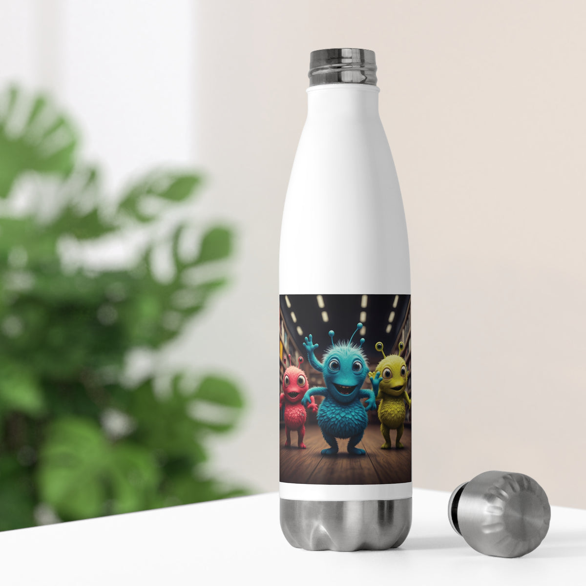 White thermal travel water bottle sitting on a bright desk with its stainless steel cap off, showing colorful cute alien crew artwork for office hydration.
