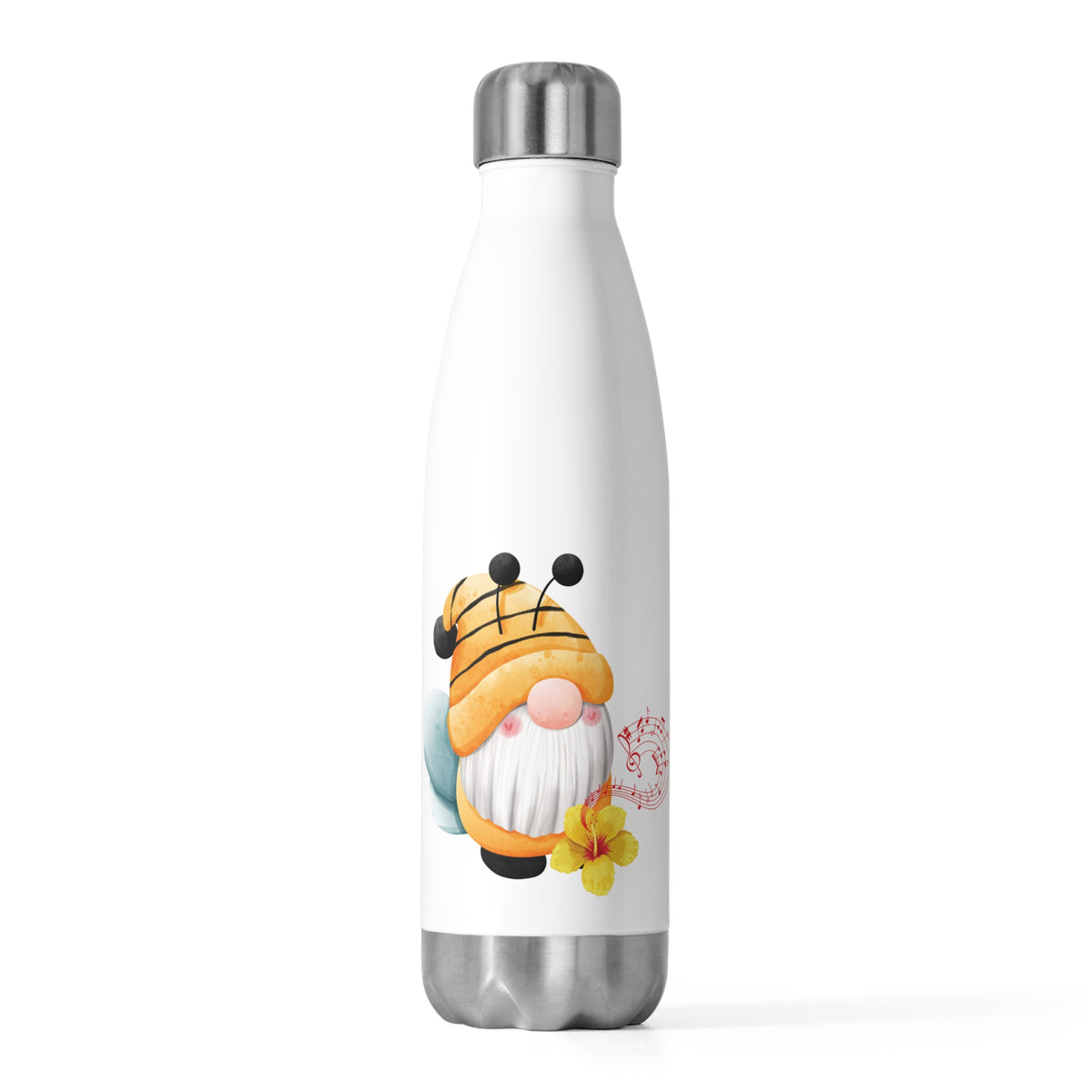 Front view of a white leak-proof insulated thermal water bottle featuring a sweet watercolor honey bee gnome artwork, perfect gift for beekeepers, nature lovers, and gnome collectors.