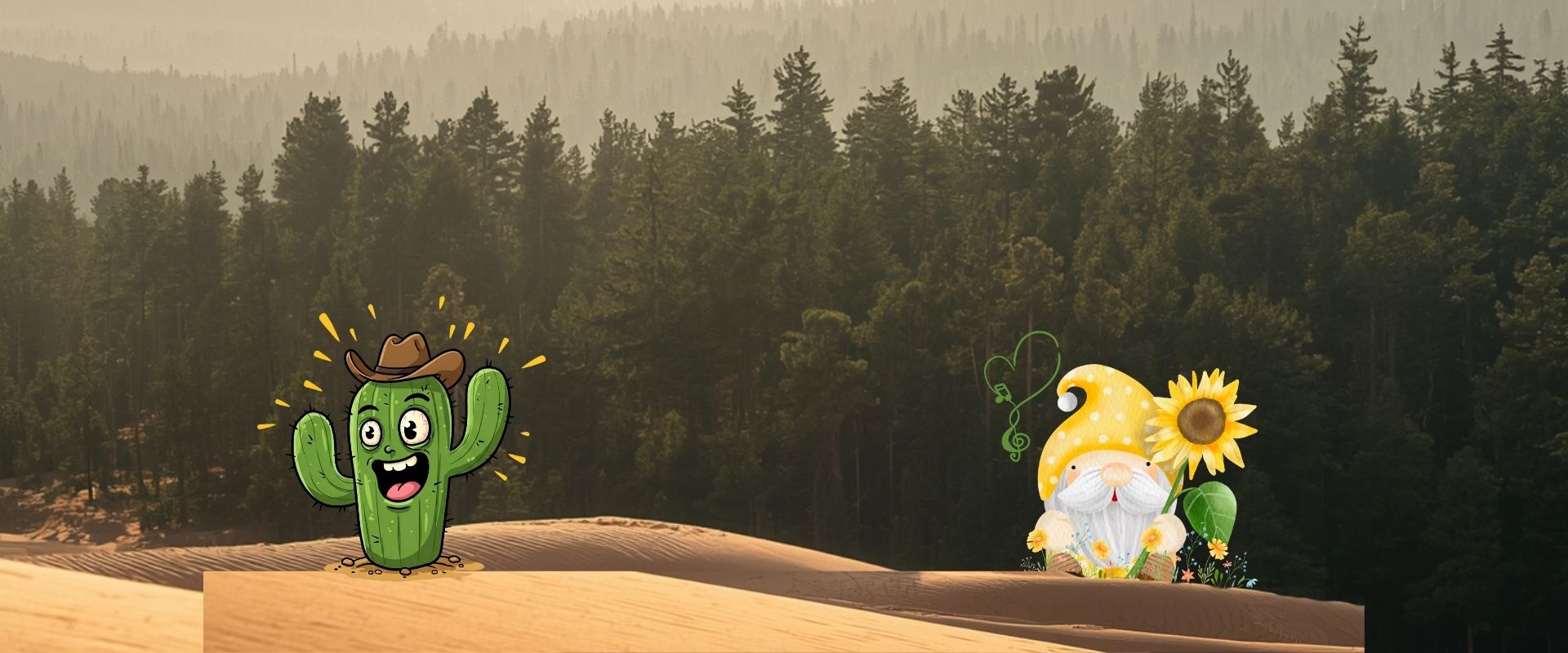 Cartoon cactus and gnome on a wooden platform with a forest background