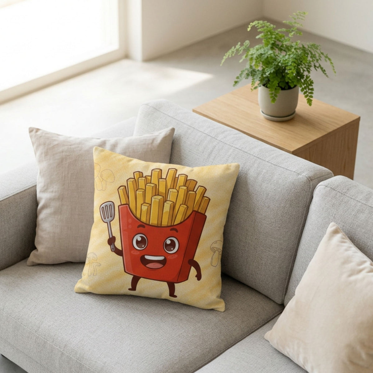 Cute cartoon french fries throw pillow displayed on a modern grey sofa for playful home decor.