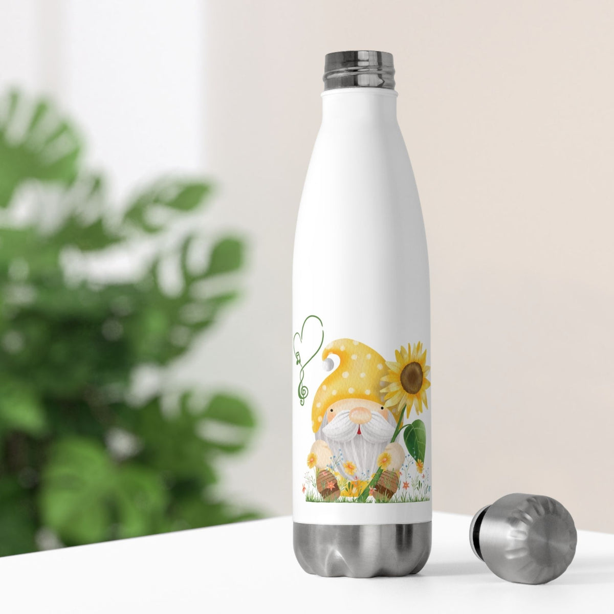White stainless steel insulated water bottle printed with a cute garden gnome holding a sunflower.