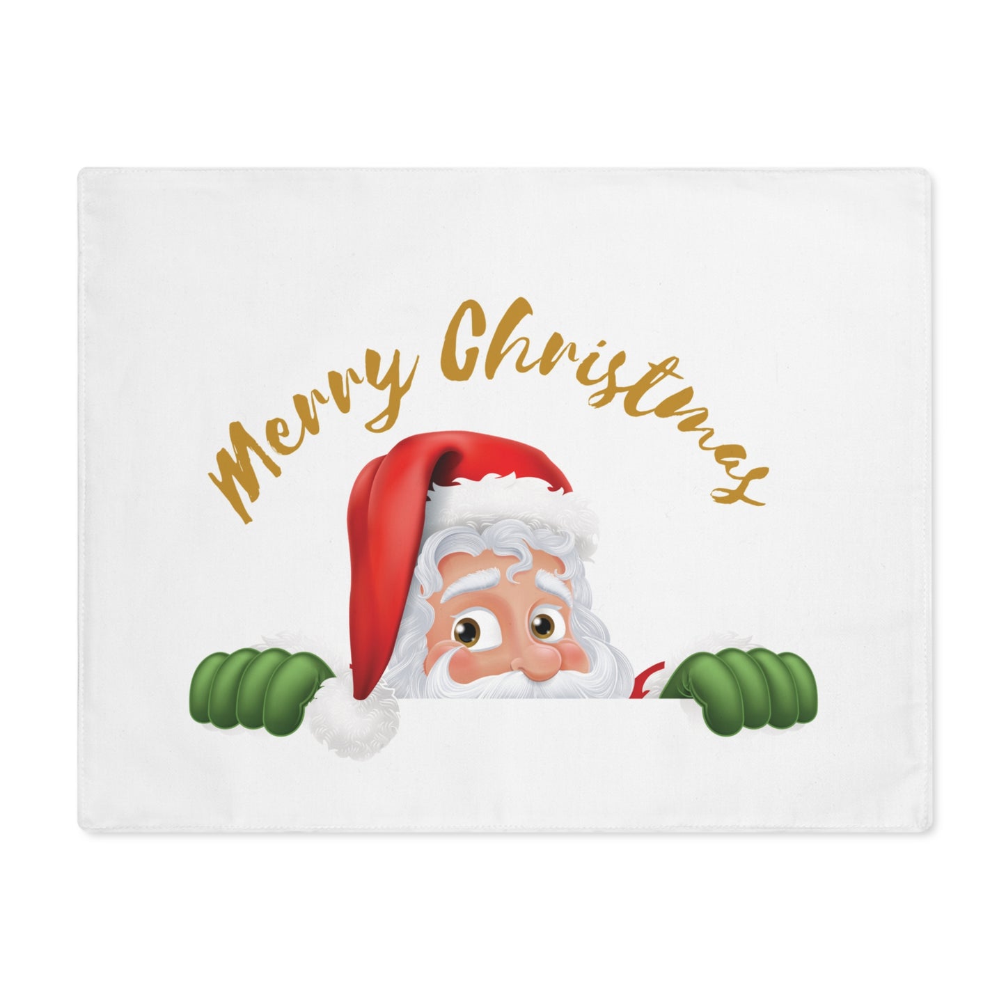 Close-up of the cute peeking Santa Claus face on a placemat. Gold lettering detail on Merry Christmas text. Durable US holiday home decor.