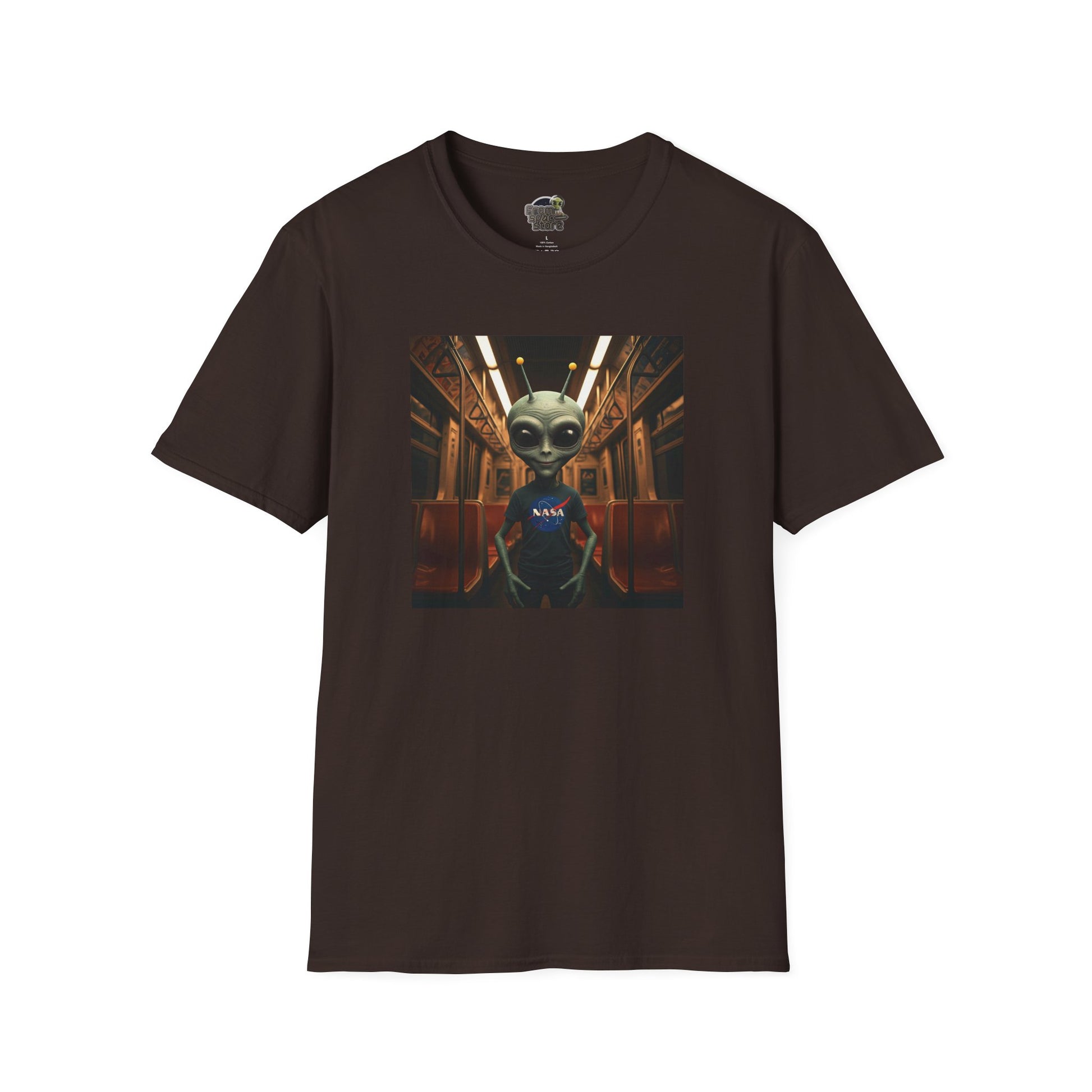 dark chocolate Unisex alien in subway T-shirt: funny and modern graphic tee