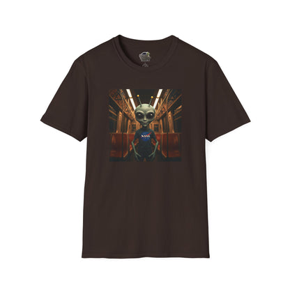 dark chocolate Unisex alien in subway T-shirt: funny and modern graphic tee