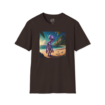 Alien at beach on a dark chocolate unisex t-shirt graphic