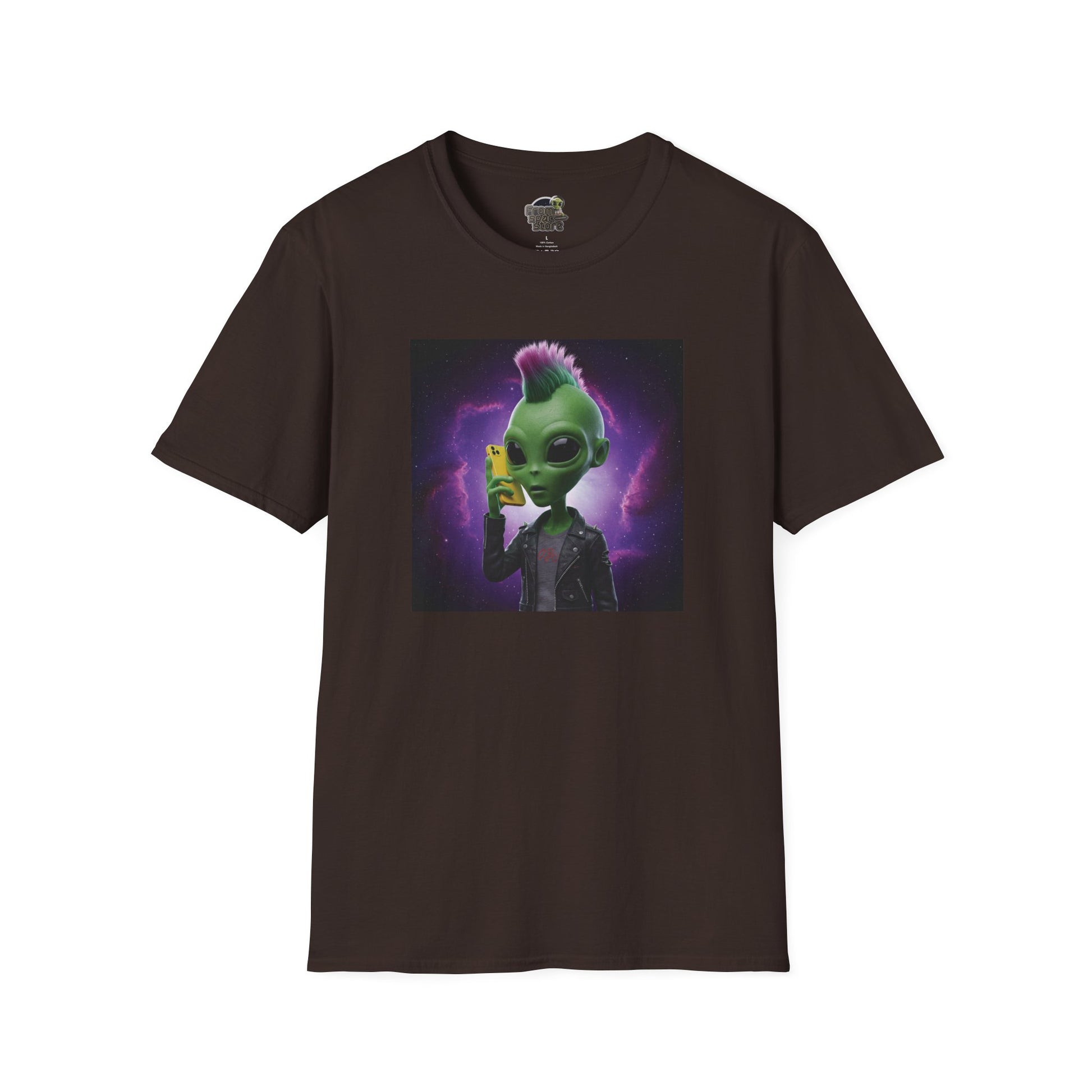 Dark chocolate Unisex alien punk t-shirt with mobile phone