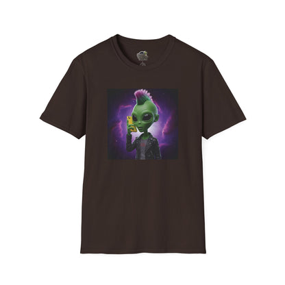 Dark chocolate Unisex alien punk t-shirt with mobile phone