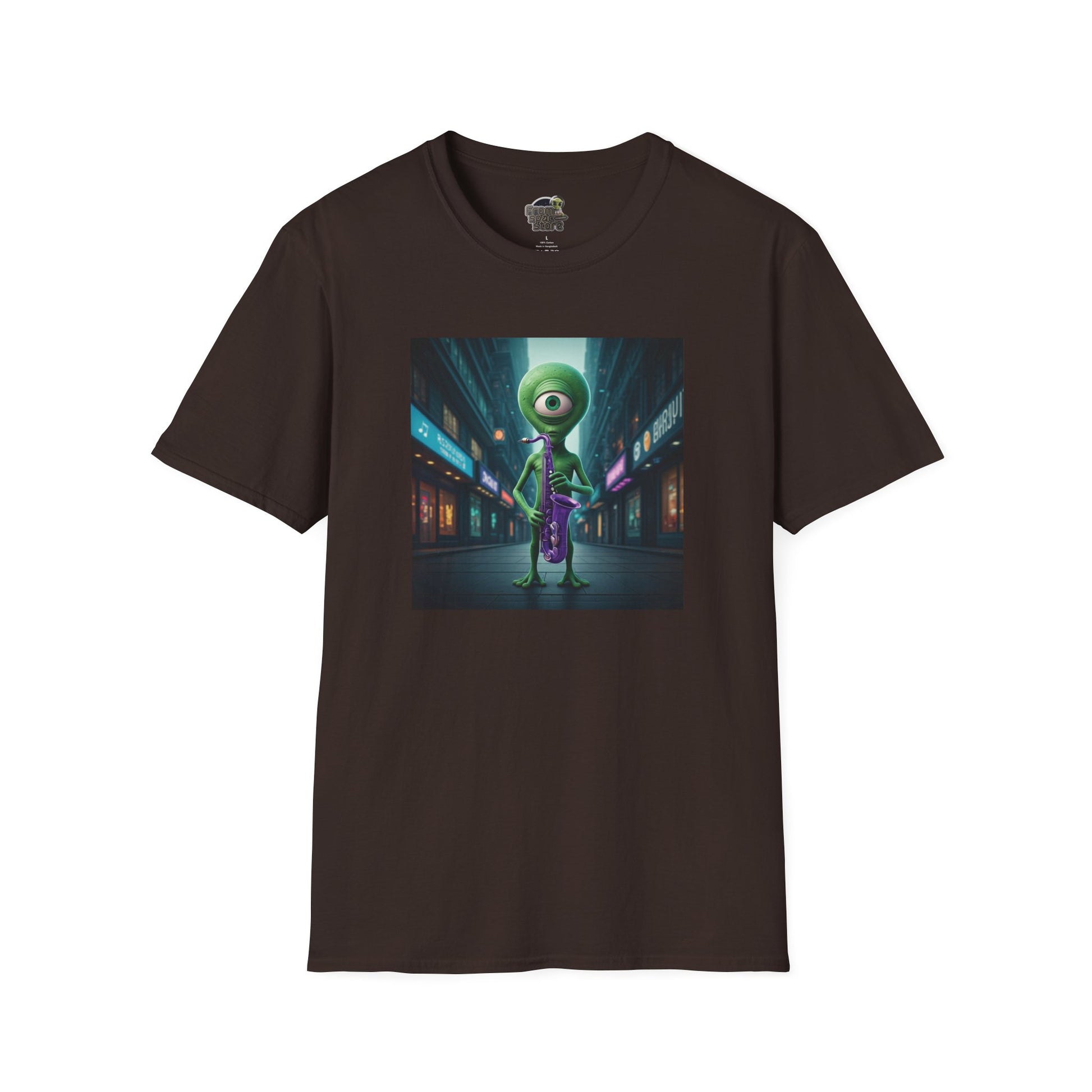 Dark chocolate Unisex t-shirt alien playing saxophone in city night