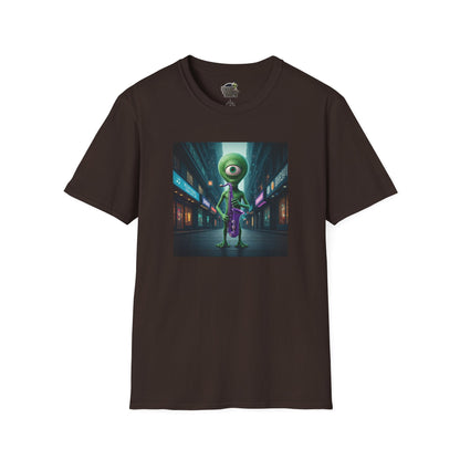 Dark chocolate Unisex t-shirt alien playing saxophone in city night