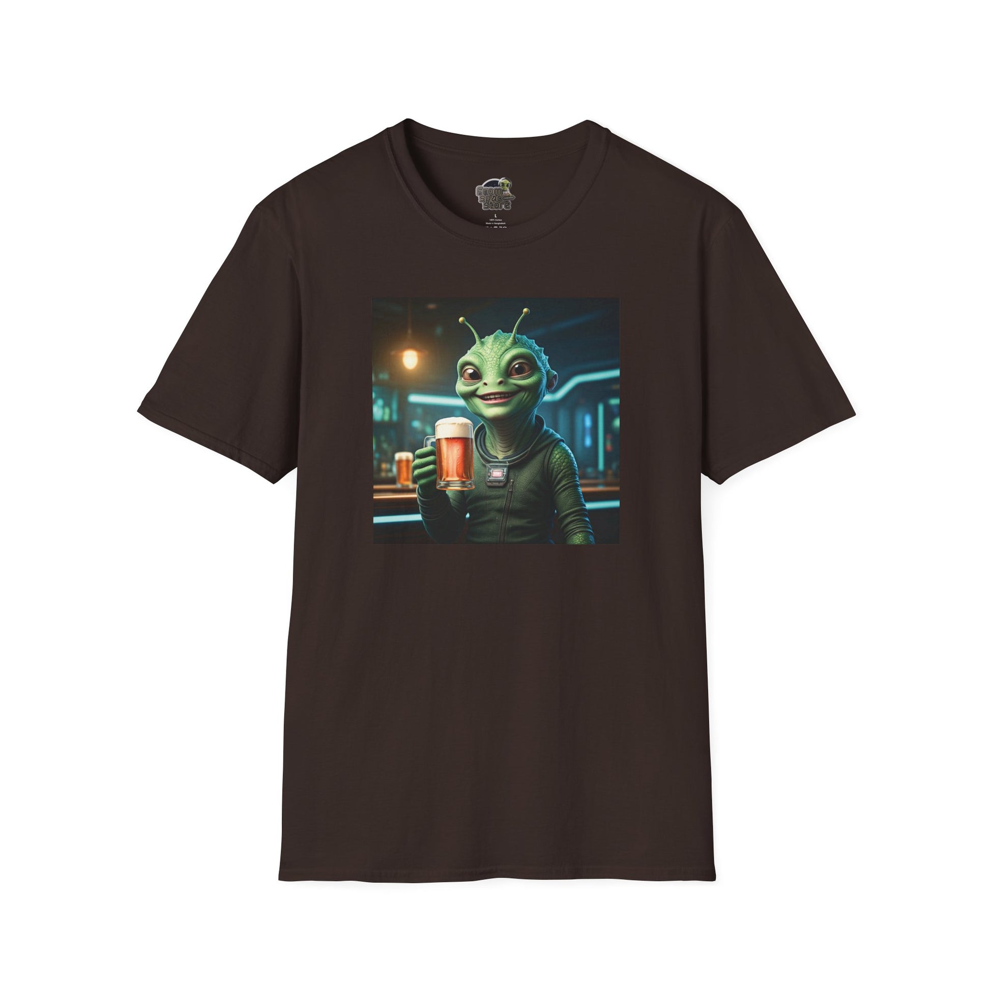 Dark chocolate Unisex alien woman t-shirt with Beer at the pub