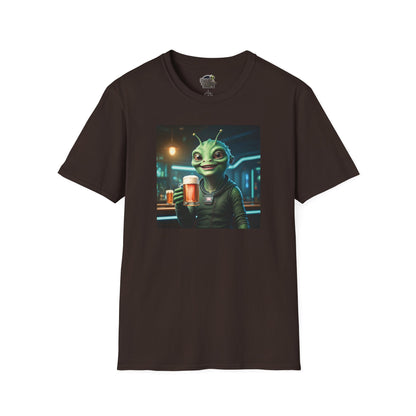 Dark chocolate Unisex alien woman t-shirt with Beer at the pub