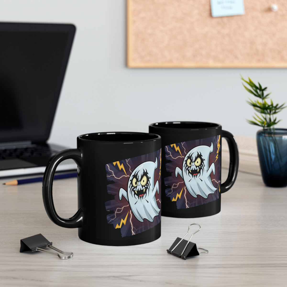 Electric Ghost Halloween mug displayed on office workspace desk with alternative lifestyle accessories.
