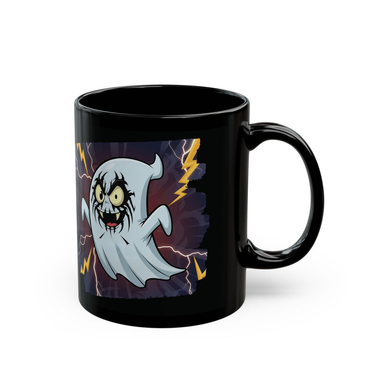 Side view of Electric Ghost black ceramic Halloween mug featuring custom spooky ghost graphics.