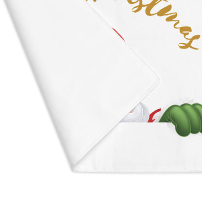 Festive Peeking Santa placemat used as kitchen table decor with white teacup. Playfully festive US dining mat for family holiday meals.