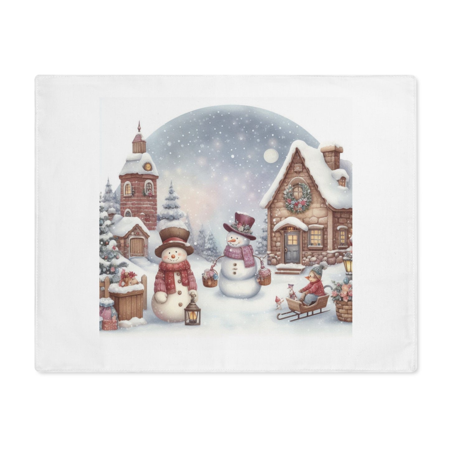 Close-up of festive snowy Christmas village placemat detail. Pre-constructed with crisp white seam thread for great quality.