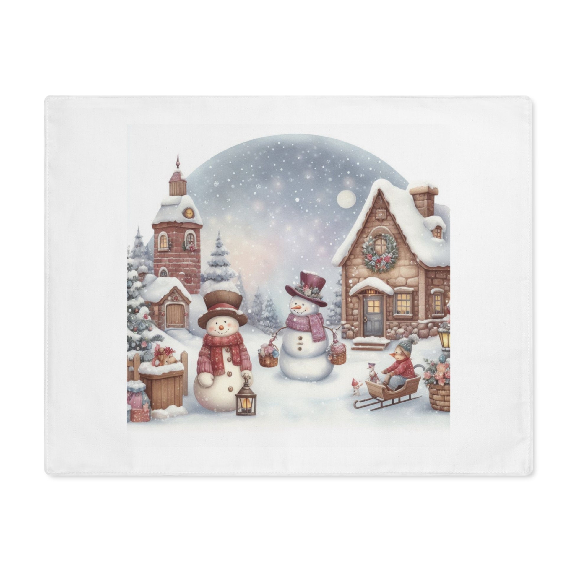 Close-up of festive snowy Christmas village placemat detail. Pre-constructed with crisp white seam thread for great quality.