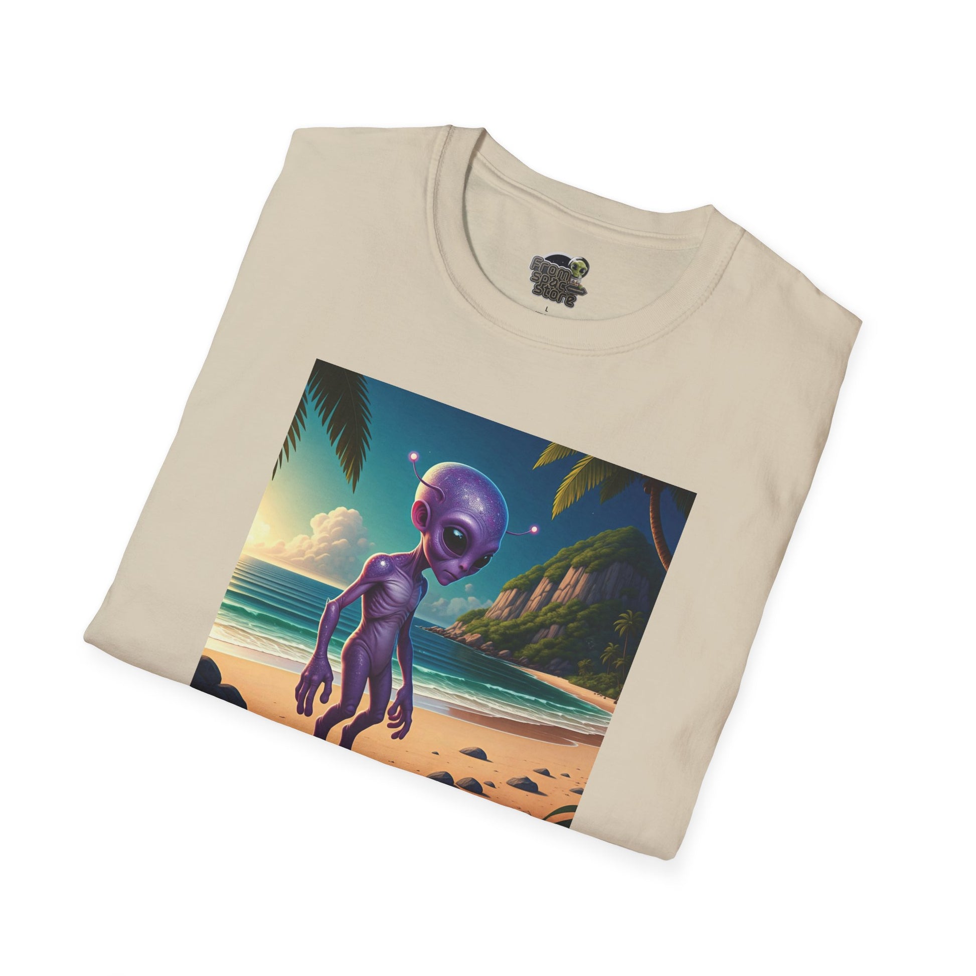 Alien at beach on a white folded unisex t-shirt graphic