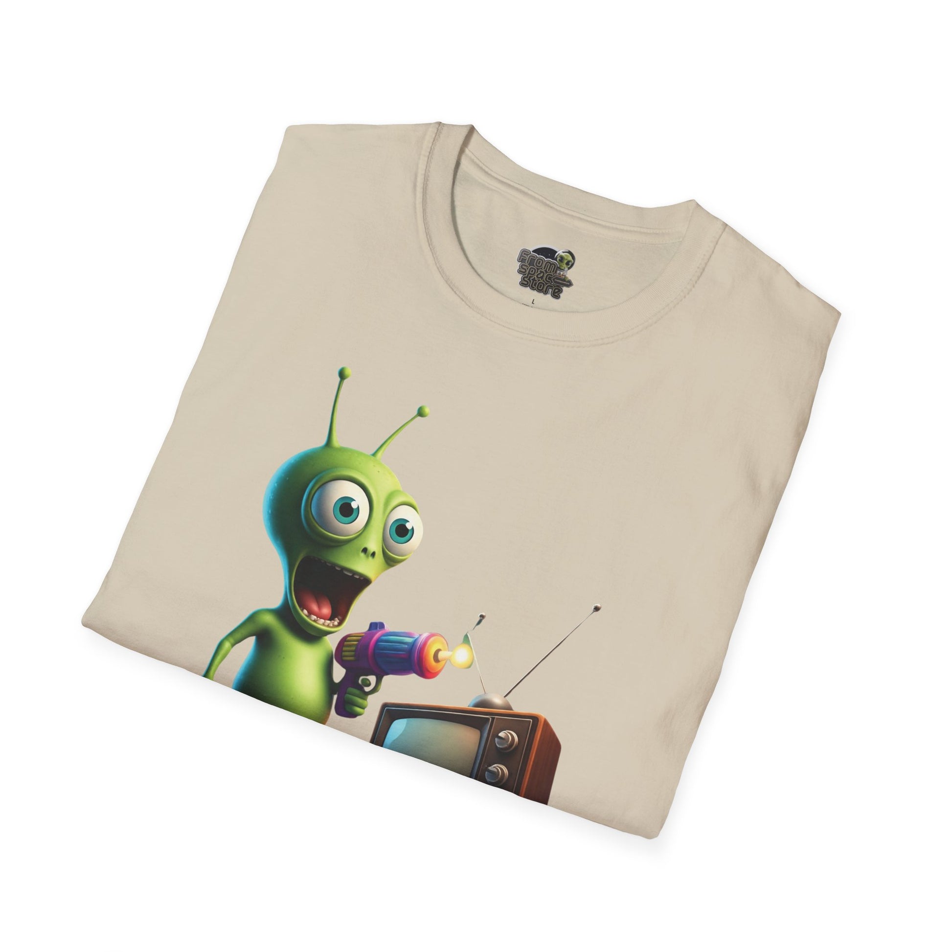 Folded Unisex alien zapping vintage TV t-shirt